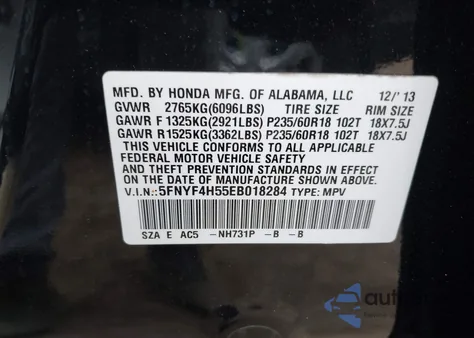 2014 Honda Pilot Ex-L z USA, uszkodzony, nr VIN 5FNYF4H55EB018284